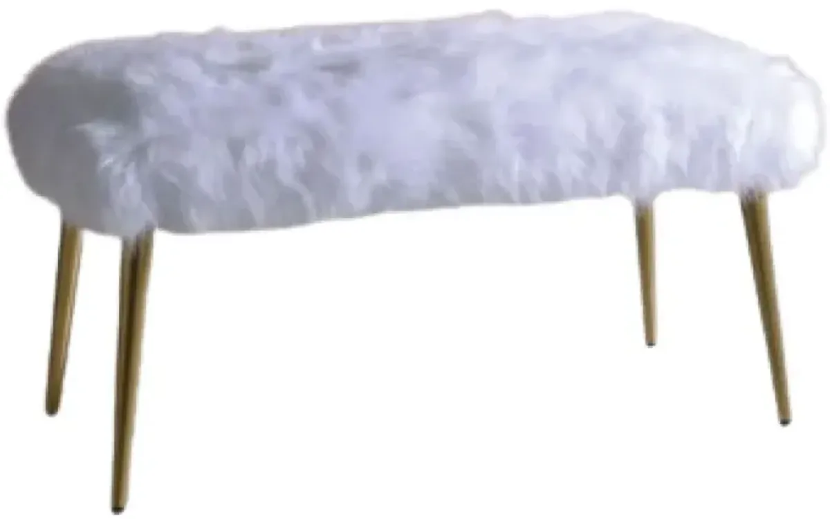 Upholstered Faux Fur Bench - White / Gold