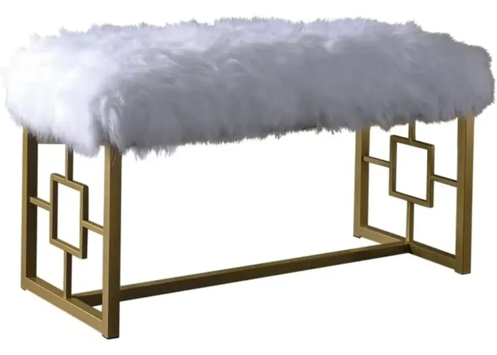 Faux Fur Bench Upholstered - White / Gold