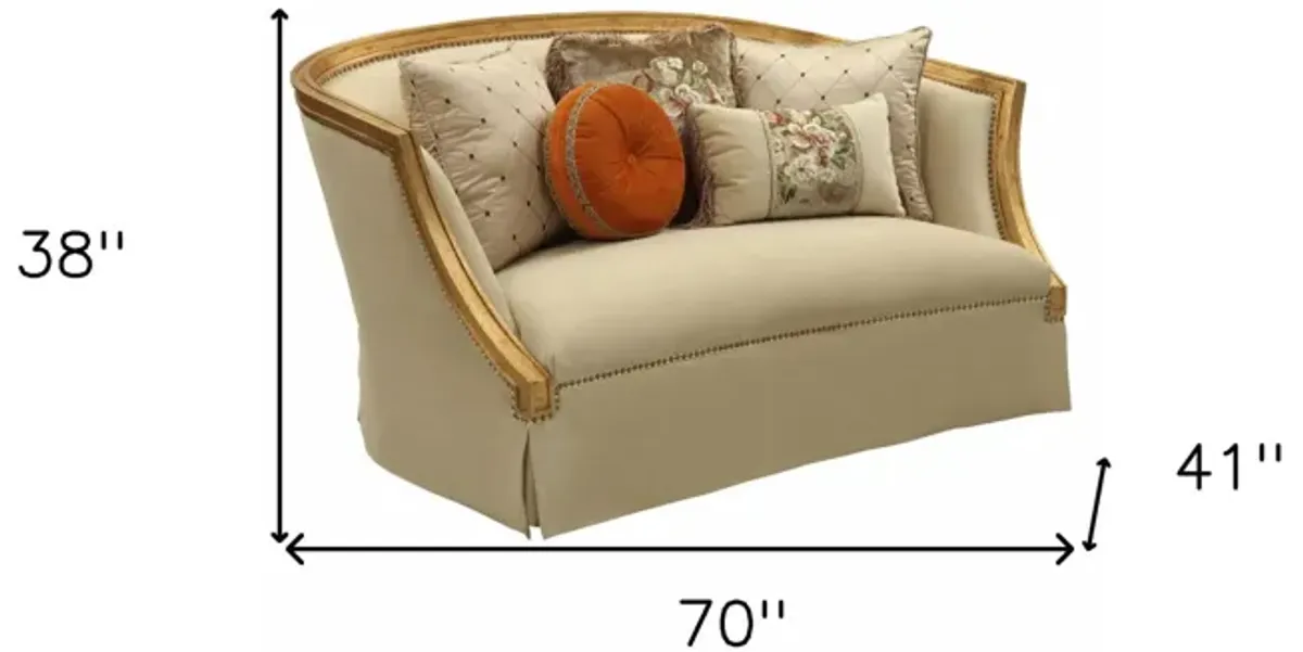 Curved Loveseat And Toss Pillows - Tan / Gold