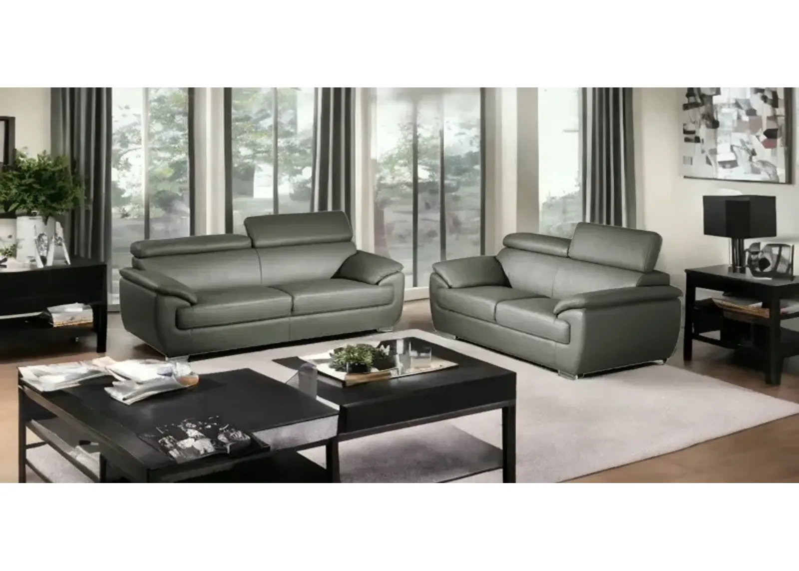 2 Piece Five Person Seating Set Indoor Genuine Leather - Gray