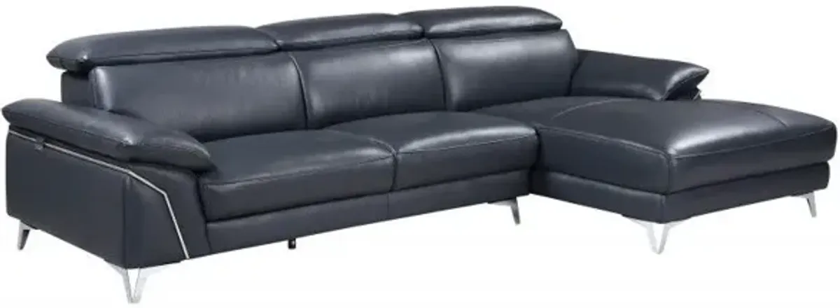 Italian Leather L Shaped Two Piece Sofa And Chaise Sectional - Navy Blue