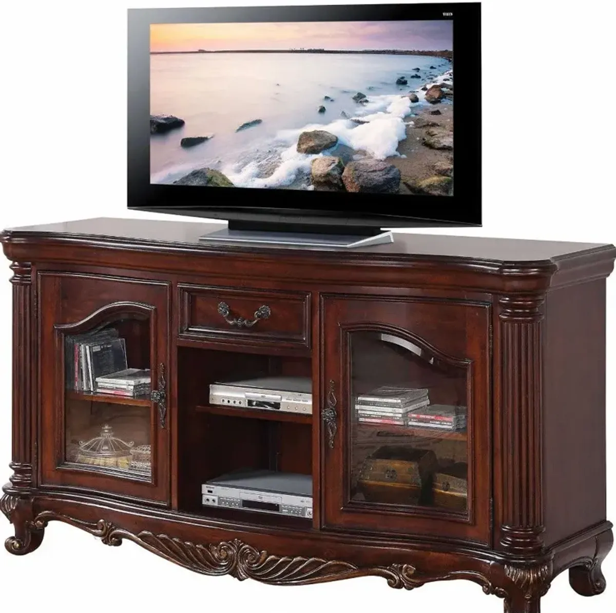 Cabinet Enclosed Storage TV Stand With Bookcase - Brown