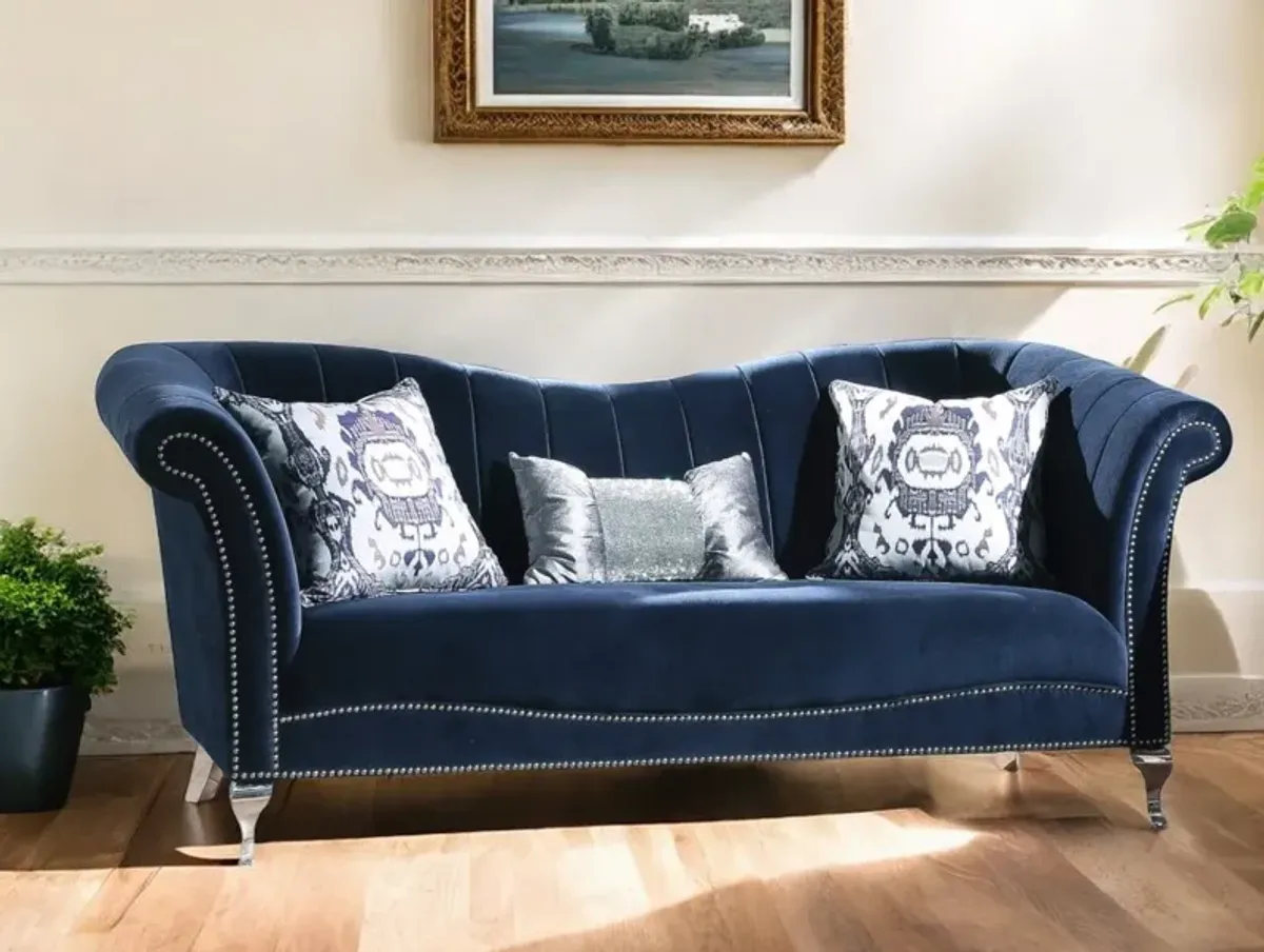 Velvet Curved Settee And Toss Pillows With Silver Legs - Blue