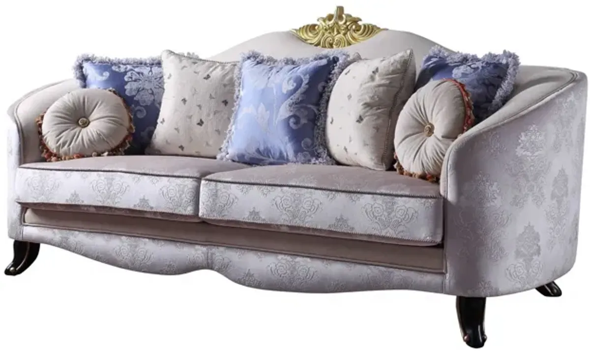 Velvet Curved Damask Sofa And Toss Pillows With Black Legs - Cream