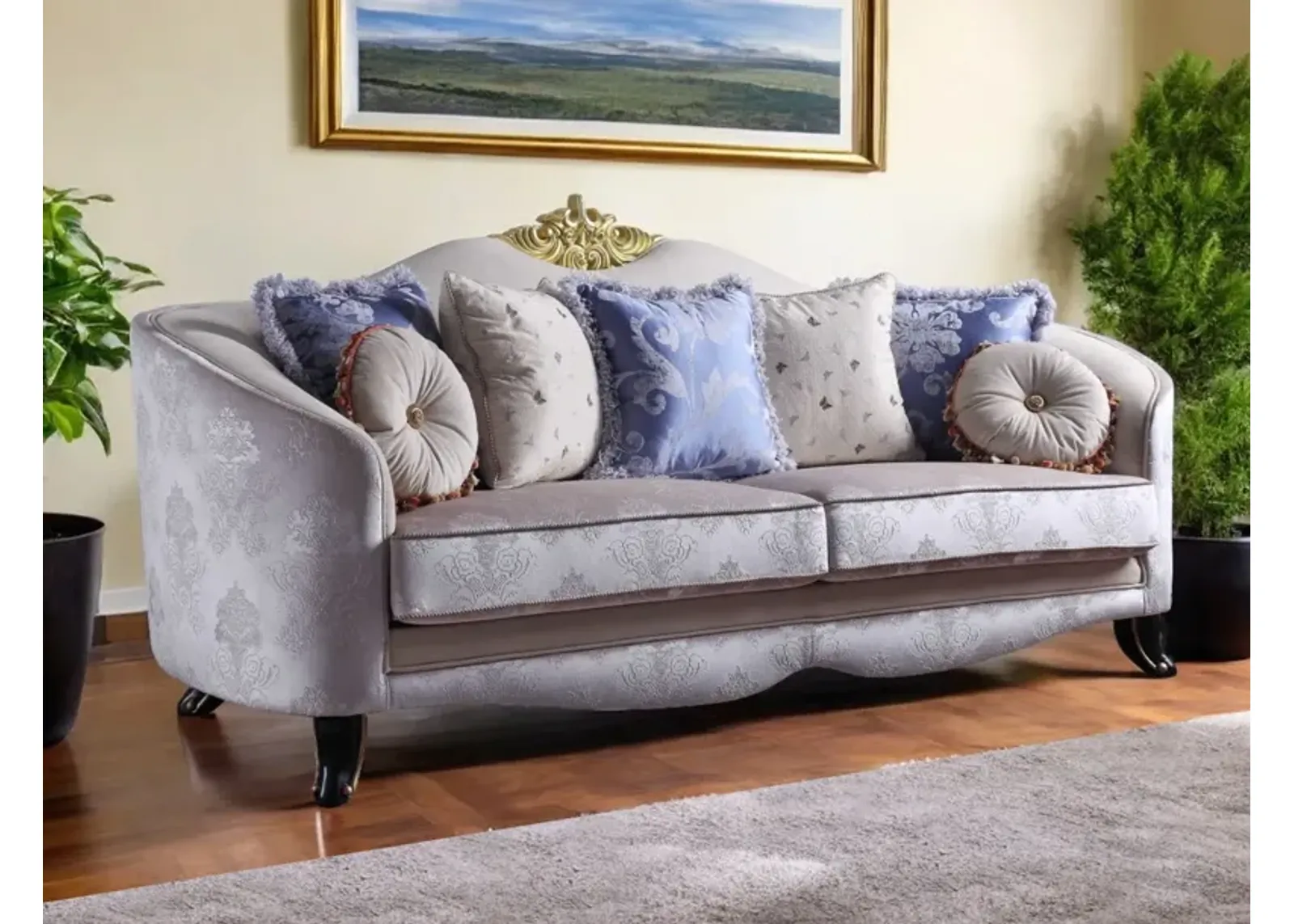 Velvet Curved Damask Sofa And Toss Pillows With Black Legs - Cream