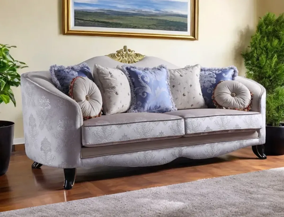 Velvet Curved Damask Sofa And Toss Pillows With Black Legs - Cream