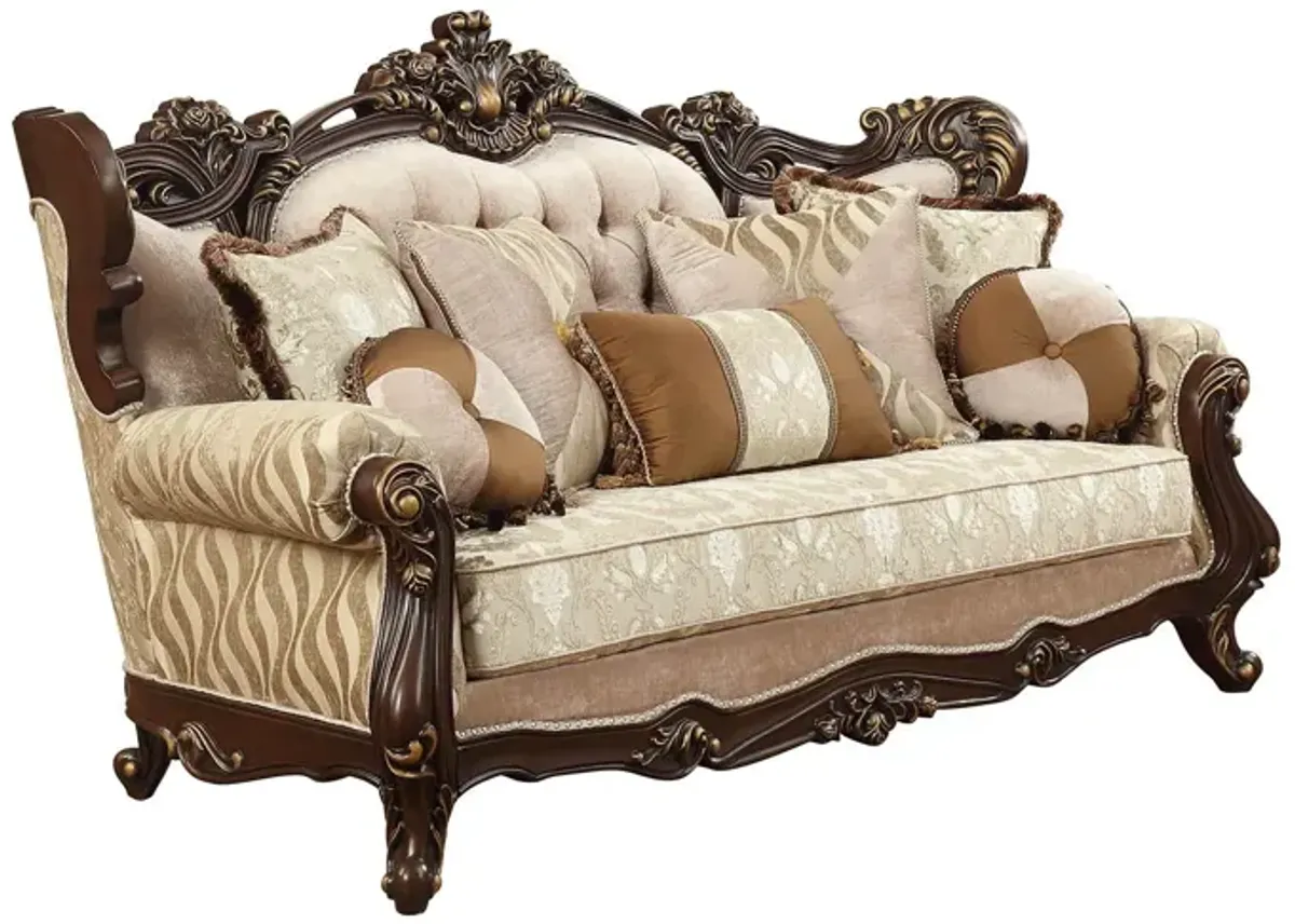 Polyester Blend Curved Damask Sofa And Toss Pillows With Brown Legs - Beige