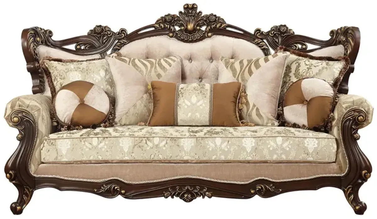 Polyester Blend Curved Damask Sofa And Toss Pillows With Brown Legs - Beige