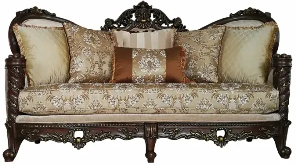 Polyester Blend Floral Sofa And Toss Pillows With Dark Brown Legs - Beige