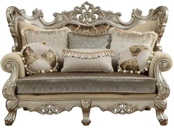 Damask Chesterfield Loveseat And Toss Pillows - Cream / Platinum