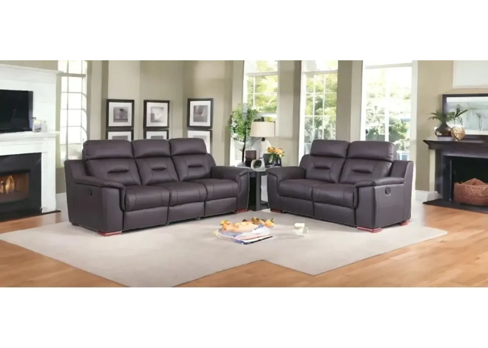 2 Piece Genuine Leather Indoor Five Person Seating Set - Brown