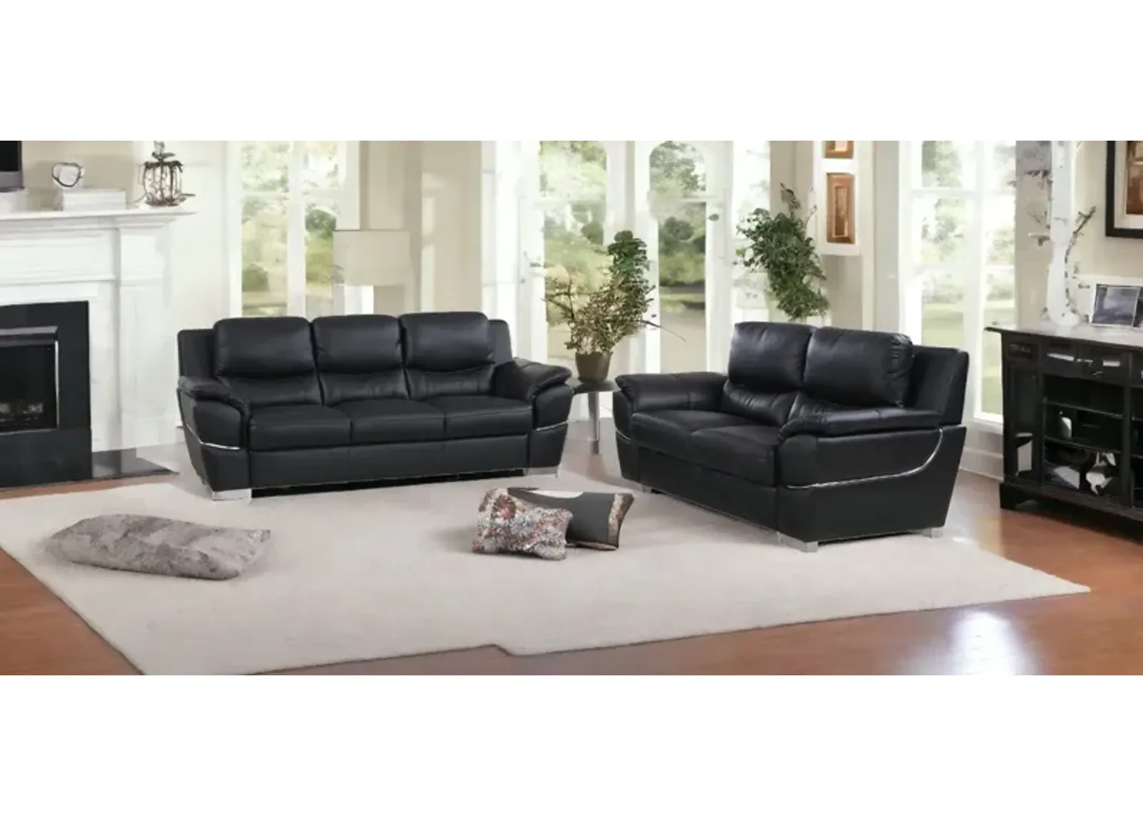 2 Piece Indoor Genuine Leather Five Person Seating Set - Black