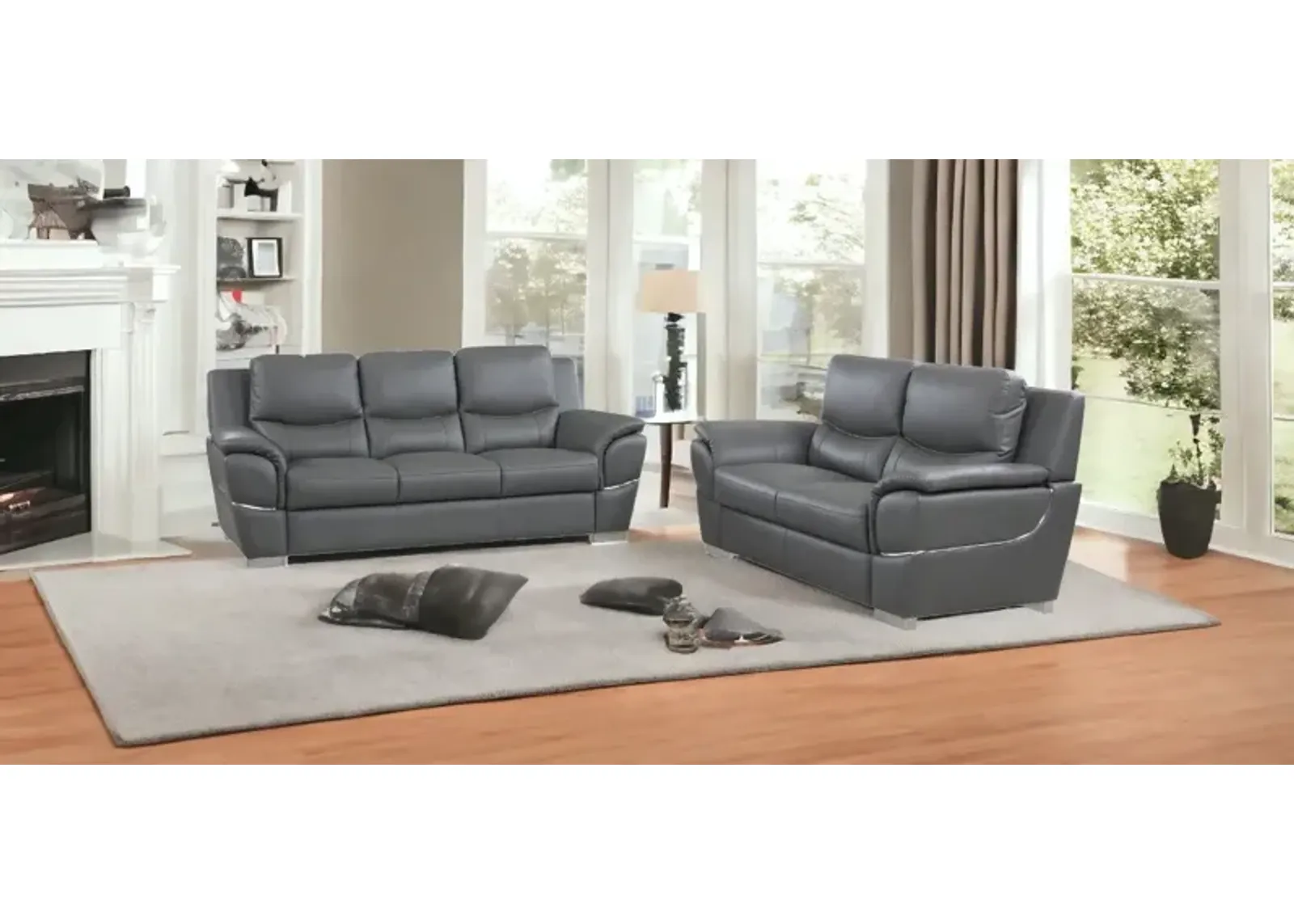 2 Piece Indoor Genuine Leather Five Person Seating Set - Gray