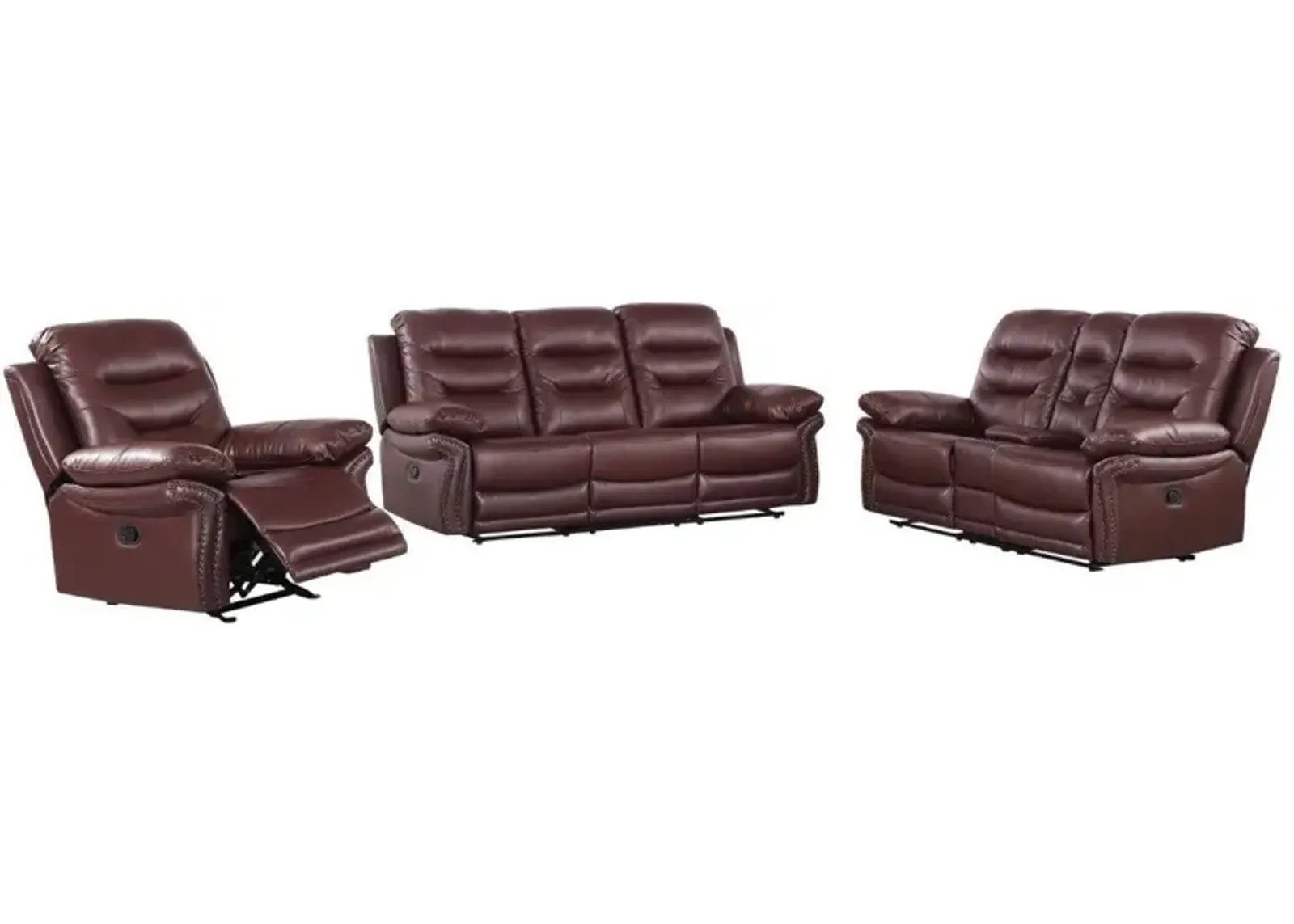 Three Piece Indoor Faux Leather Five Person Seating Set - Burgundy