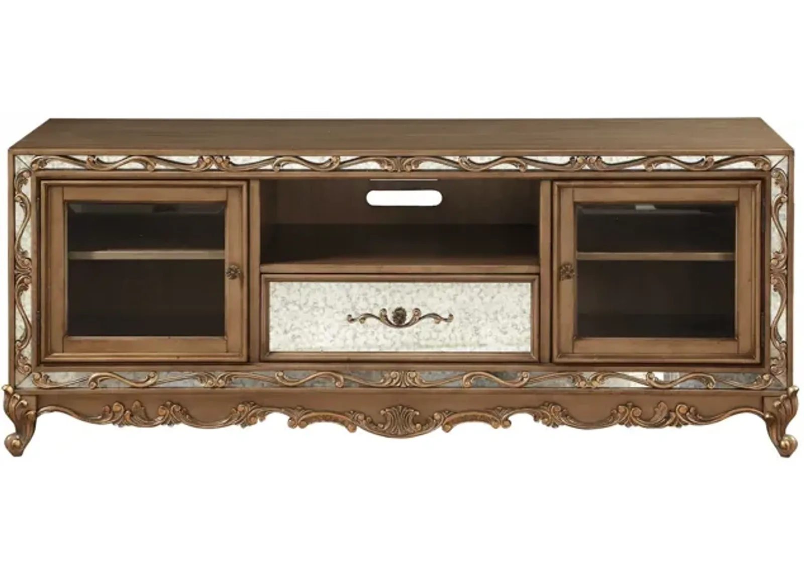 Wood Glass Mirror TV Stand - Antique Gold