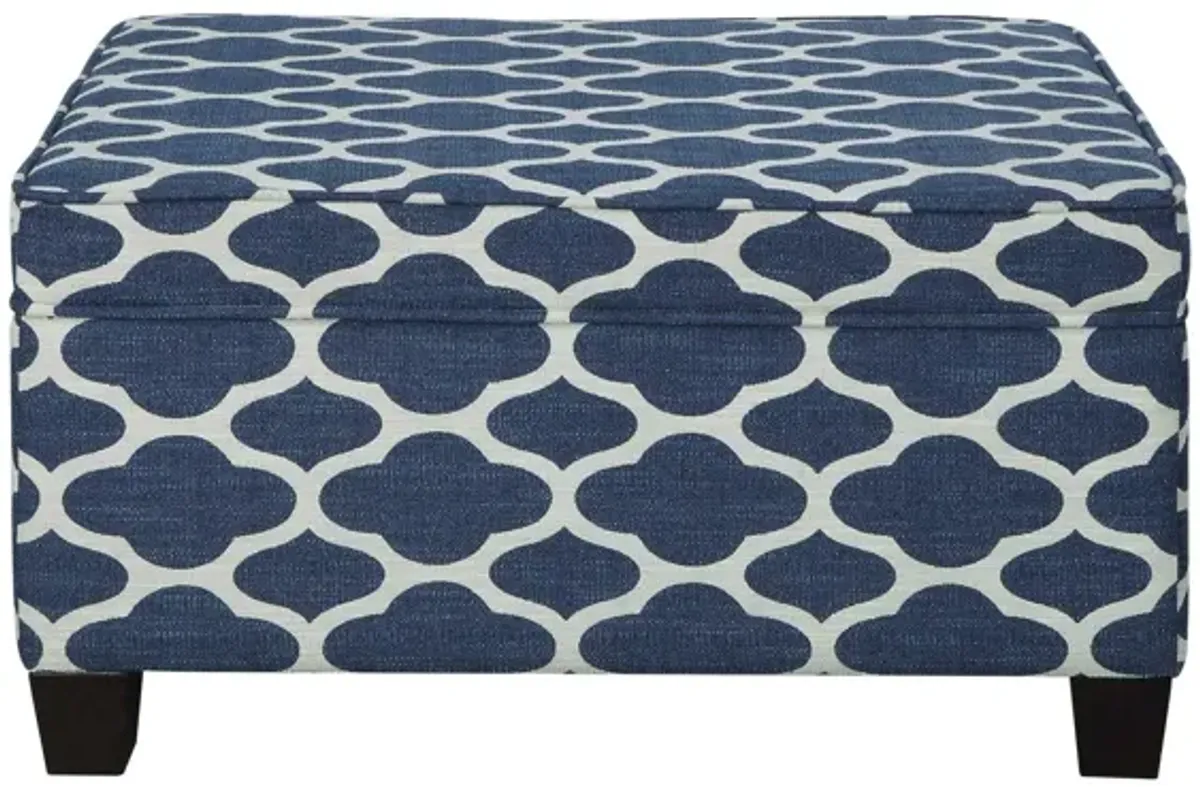 Upholstered Linen Blend Geometric Bench With Flip Top - Blue / White / Black