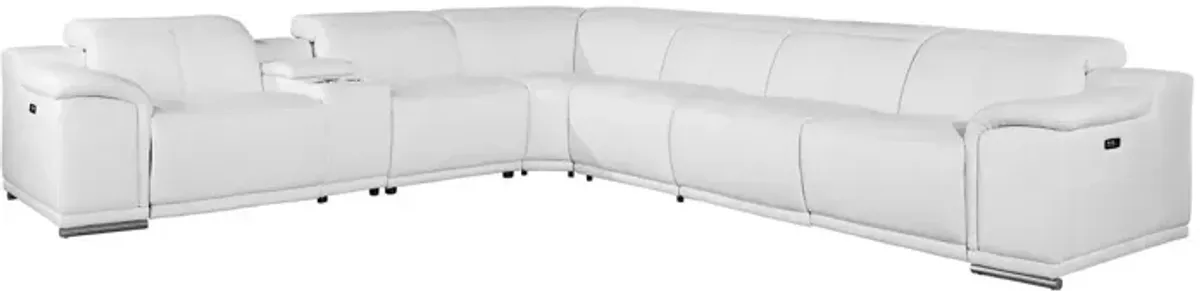 Italian Leather Power Reclining U Shaped Seven Piece Corner Sectional With Console - White