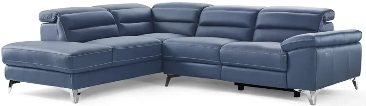 Top Grain Leather Reclining L Shaped Two Piece Sofa And Chaise Sectional - Navy Blue