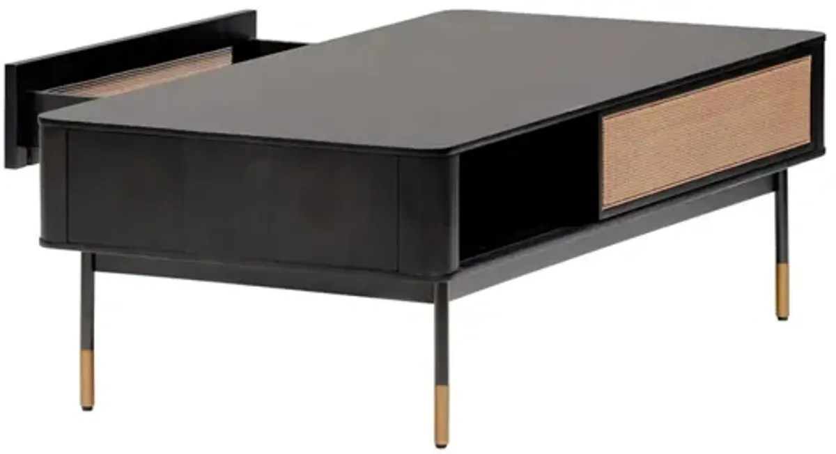 Solid Wood And Steel Coffee Table With Drawer And Shelf - Black / Brown