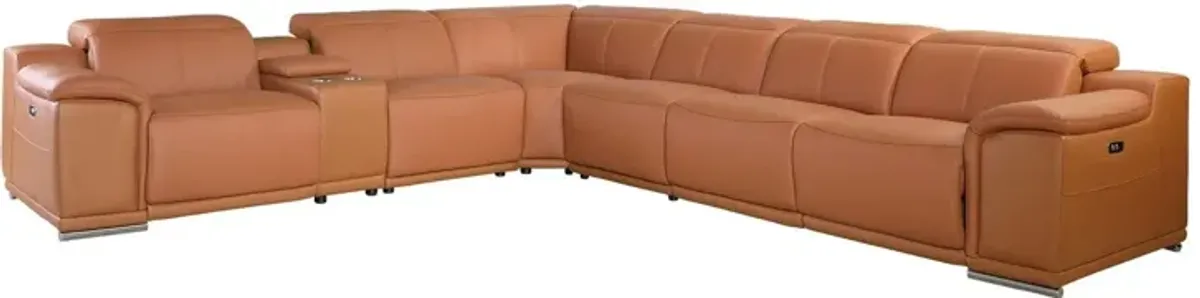 Power Reclining Italian Leather U Shaped Seven Piece Corner Sectional With Console - Camel