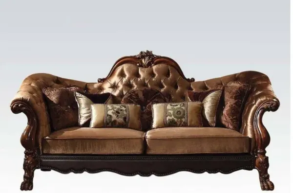 Velvet Chesterfield Loveseat And Toss Pillows - Dark Brown / Brown