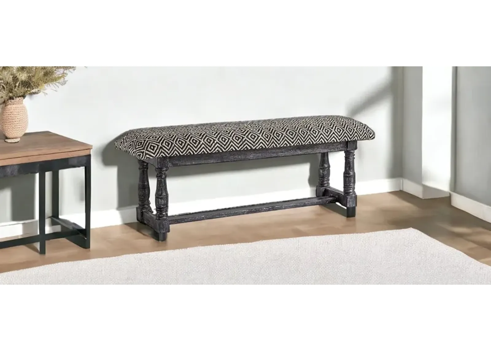 Upholstered Cotton Blend Trellis Bench - Black / White / Gray