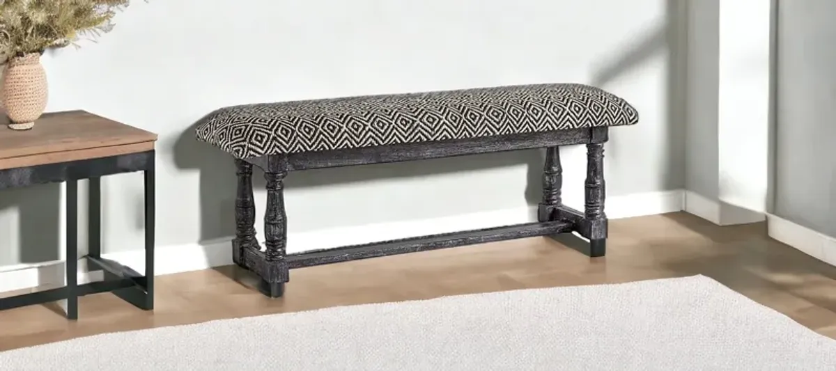 Upholstered Cotton Blend Trellis Bench - Black / White / Gray