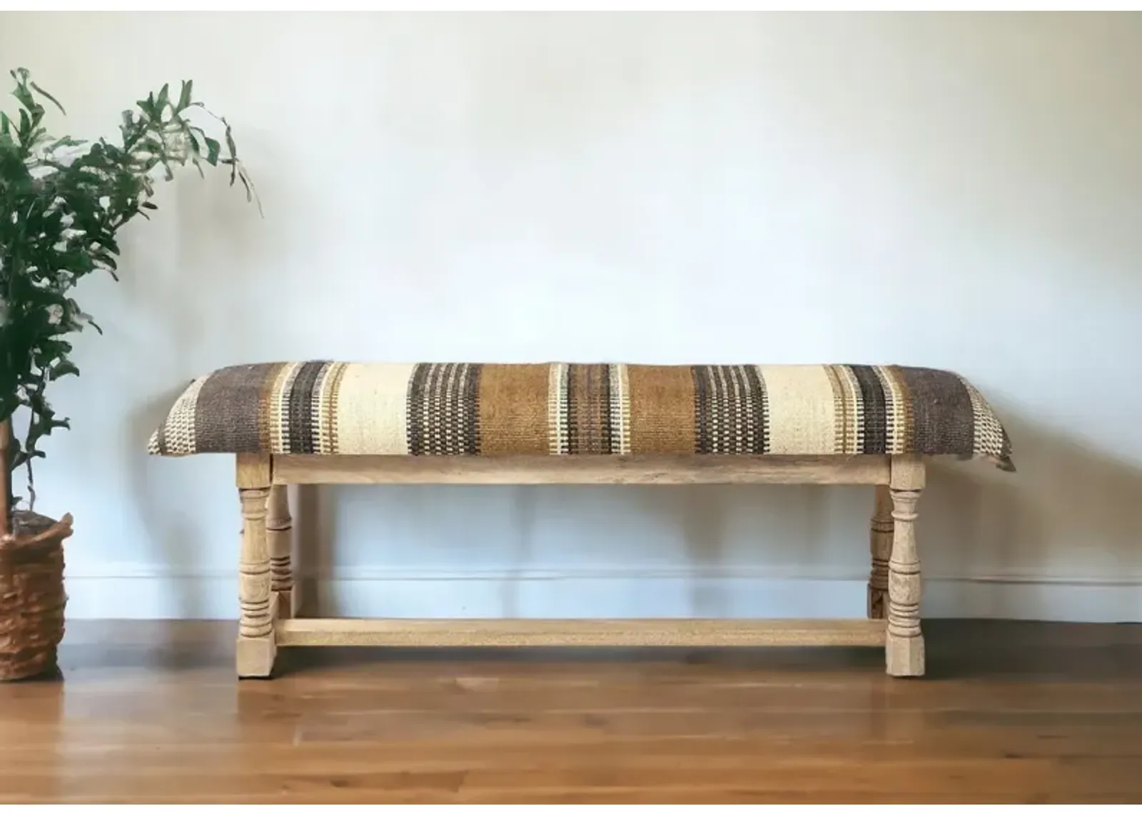 Upholstered Jute Striped Bench - Beige / Gray