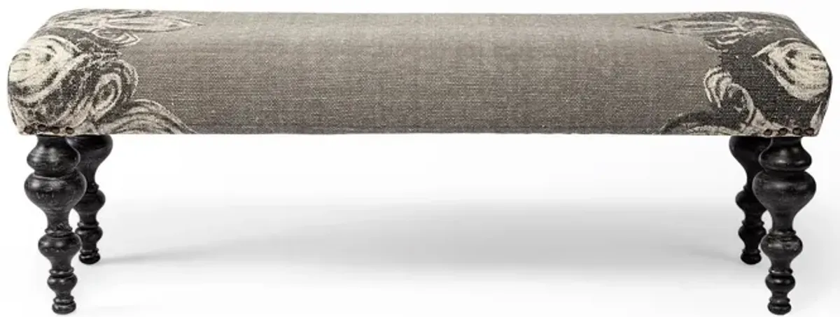 Upholstered Cotton Blend Floral Distressed Bench - Gray / Black