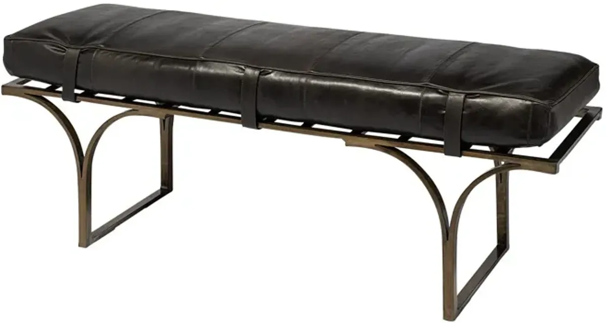 Upholstered Genuine Leather Bench - Black / Antiqued Brass