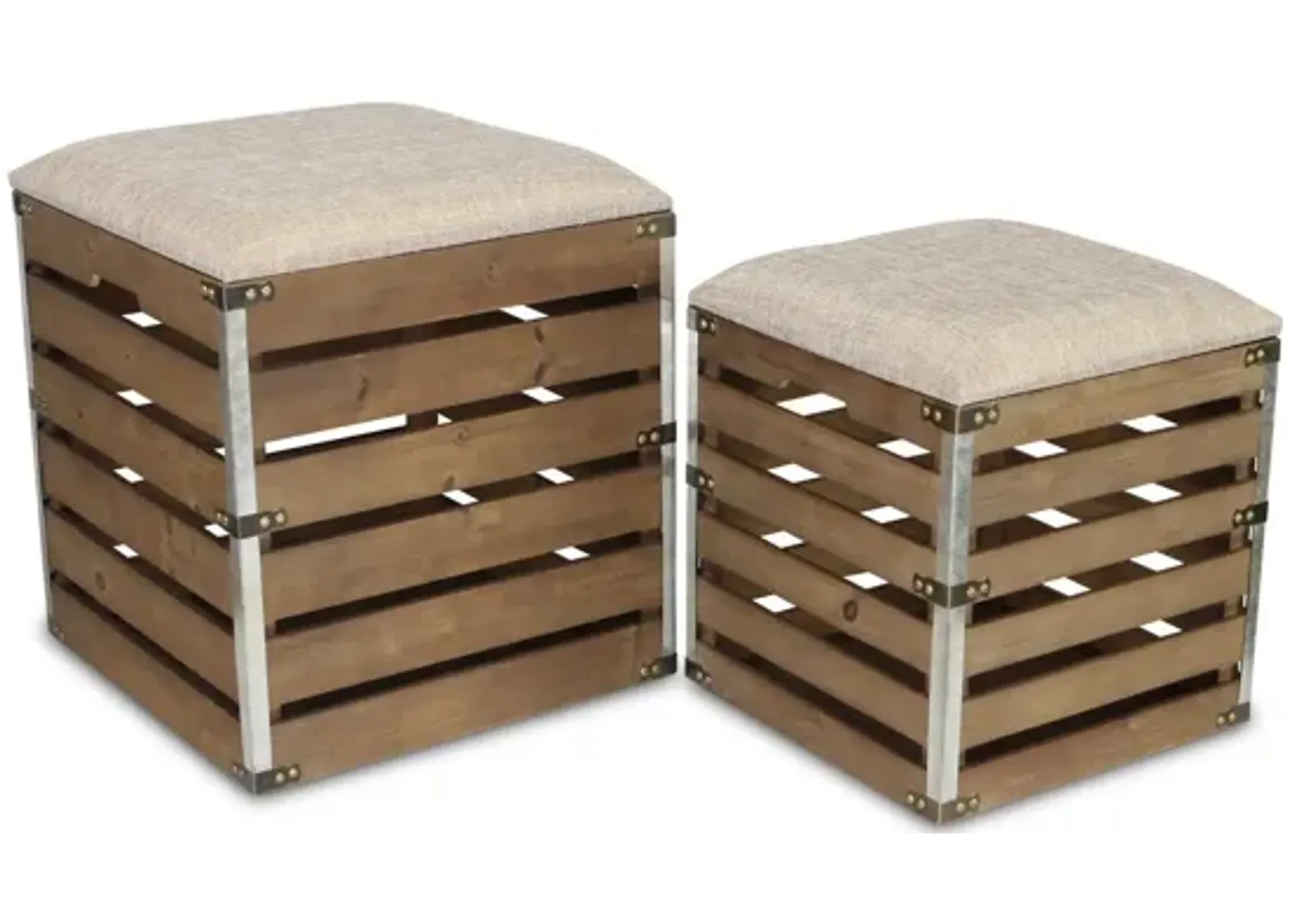 Linen Fabric And Wood Slats Square Storage Benches (Set of 2) - Brown