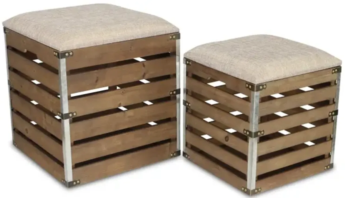 Linen Fabric And Wood Slats Square Storage Benches (Set of 2) - Brown