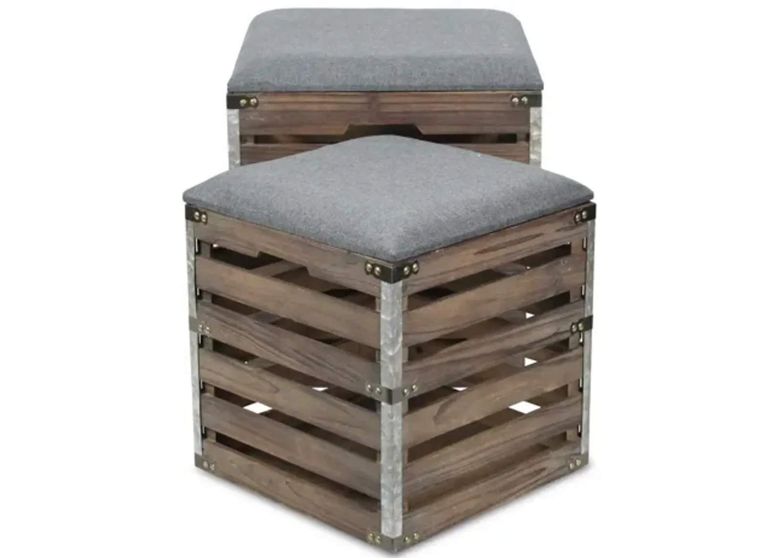 Set Of 2 Square Linen Fabric And Wood Slats Storage Benches - Gray