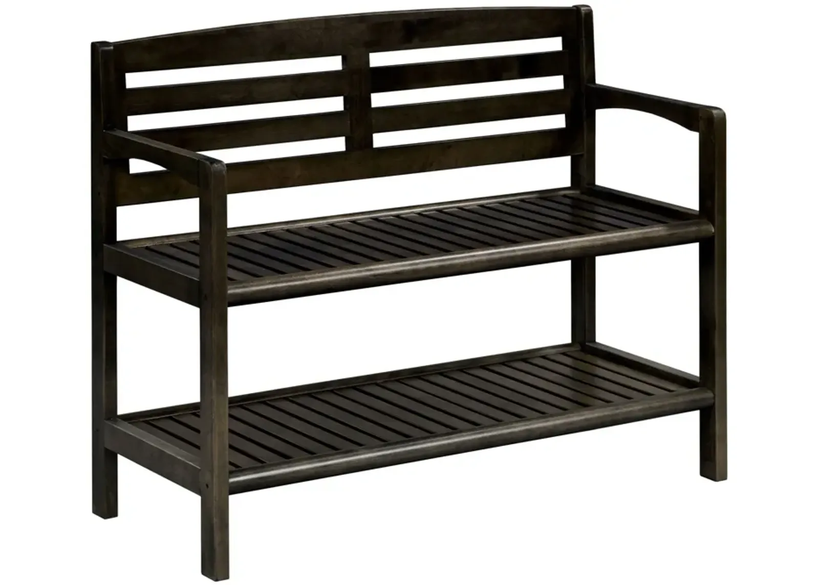 Solid Wood Slat Bench With High Back And Shelf - Espresso Finish