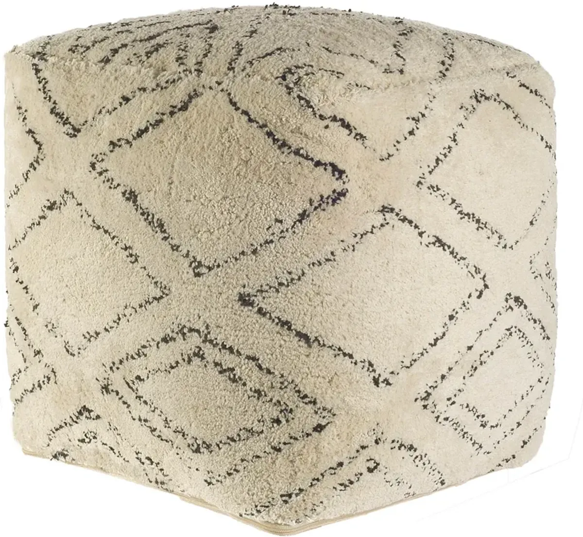 Cotton Square Pouf With Argyle Pattern - Beige