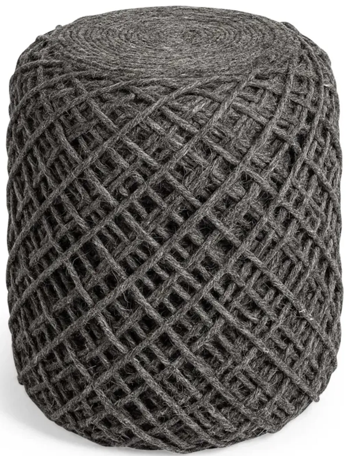 Wool Cylindrical Pouf With Diamond Pattern - Dark Gray