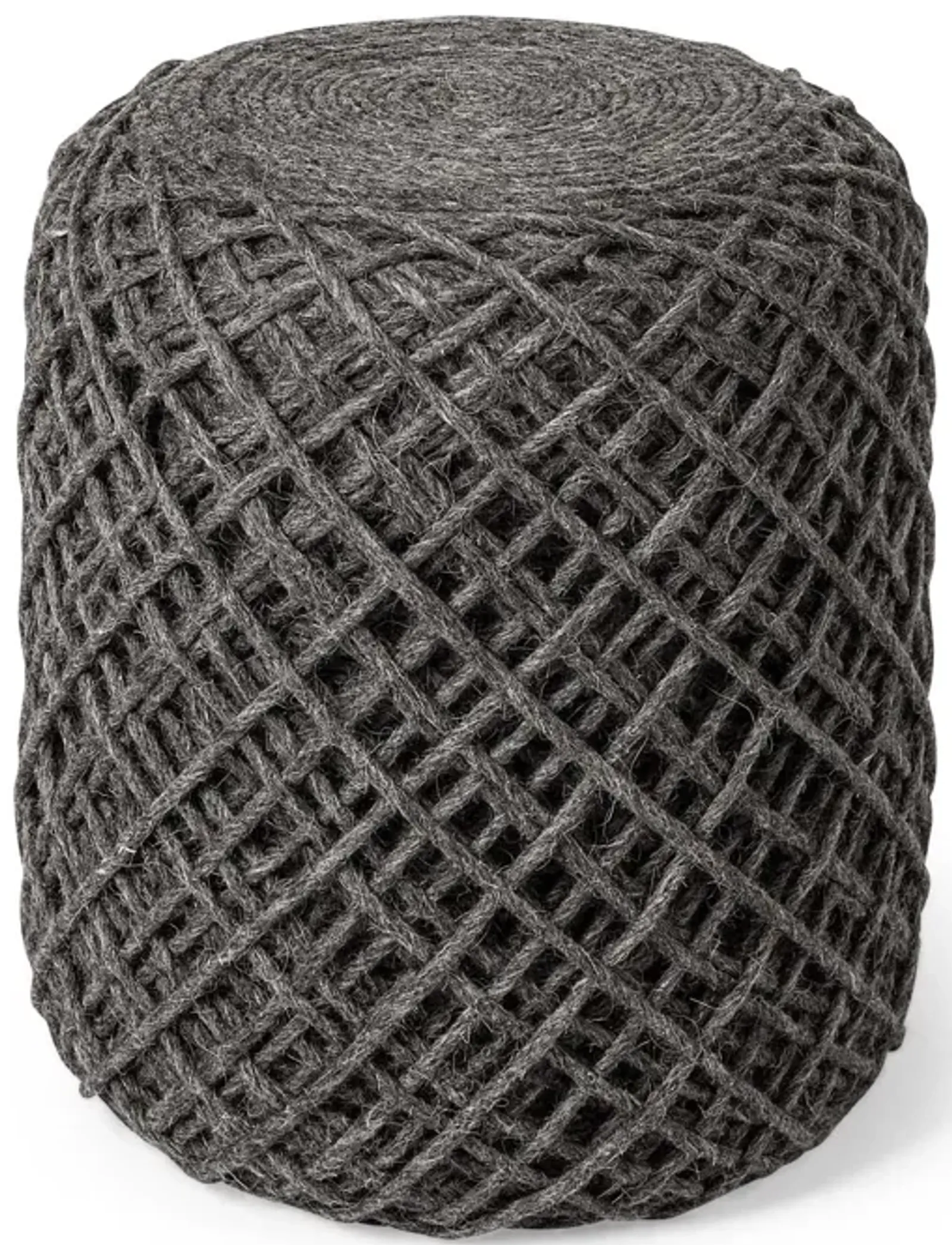 Wool Cylindrical Pouf With Diamond Pattern - Dark Gray