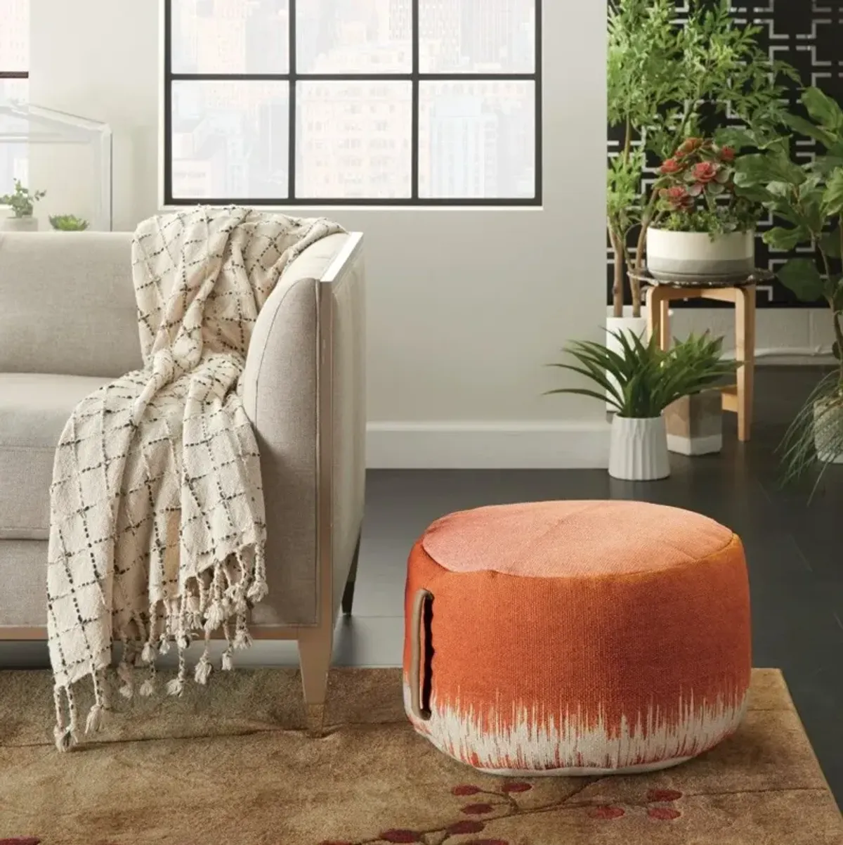 Cotton Round Abstract Pouf Ottoman - Orange / White