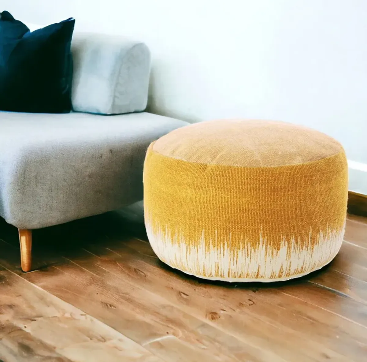 Cotton Round Abstract Pouf Ottoman - Yellow / White