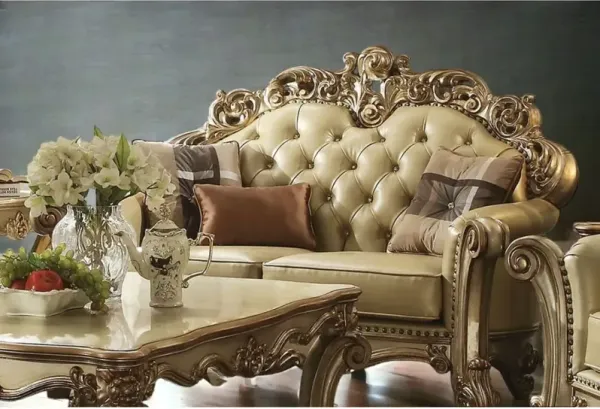 Faux Leather Loveseat - Bone / Gold