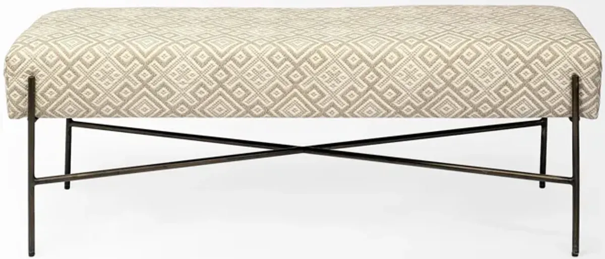 Upholstered Cotton Blend Geometric Bench - Cream / Black