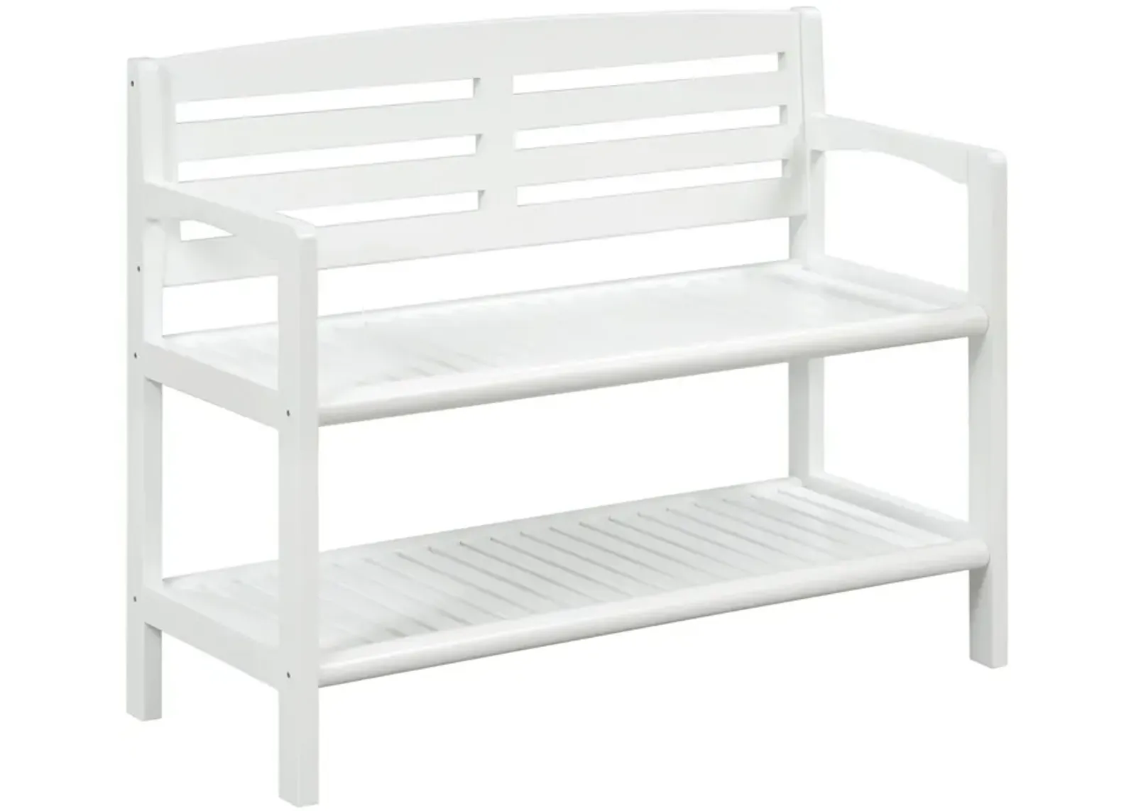 Solid Wood Slat Bench With High Back And Shelf - White