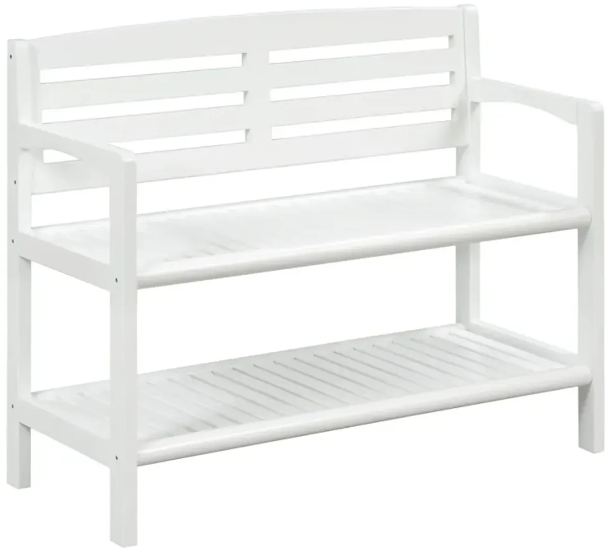 Solid Wood Slat Bench With High Back And Shelf - White