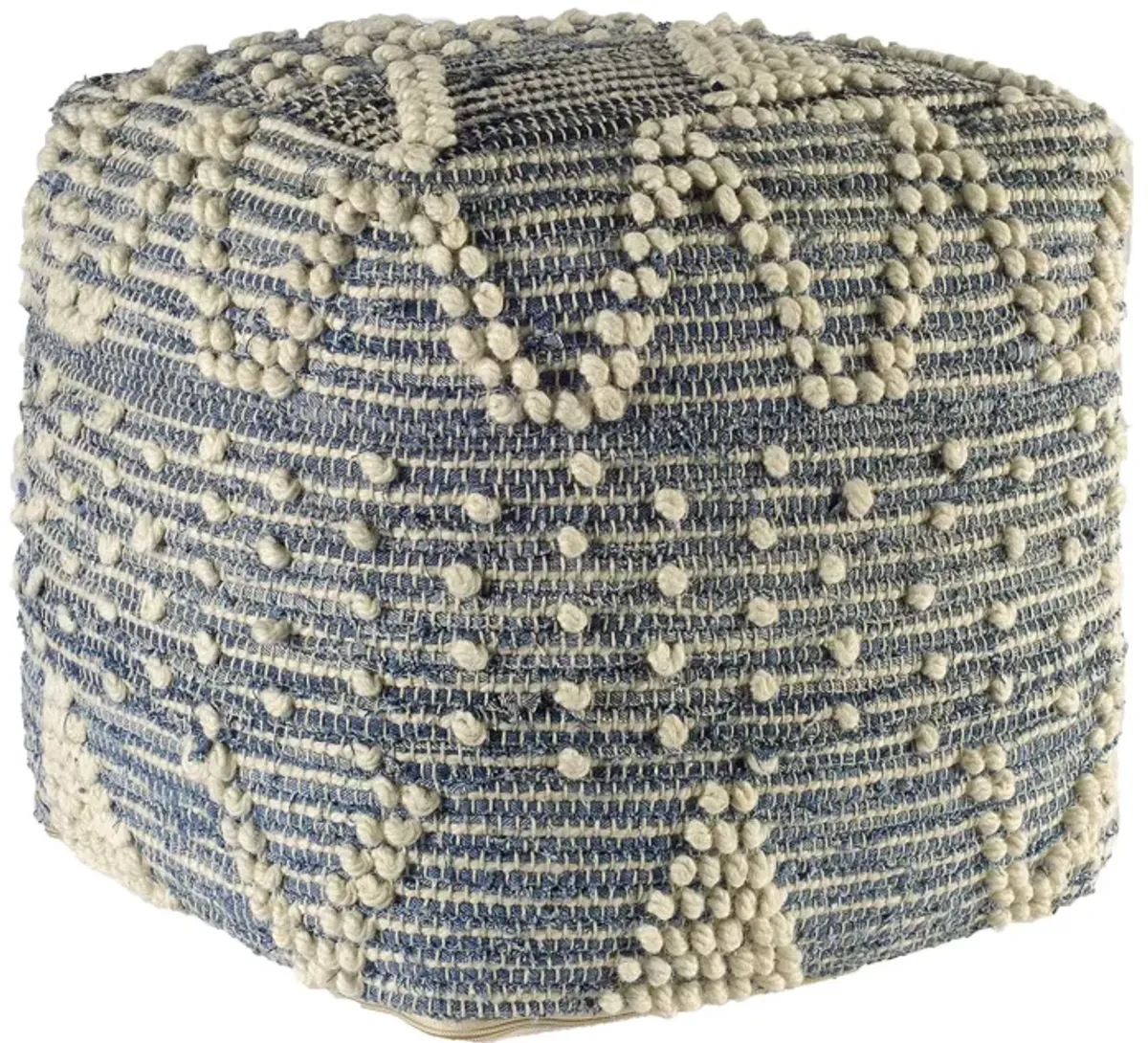 Square Pouf With Cotton Stitched - Blue Denim / Ivory