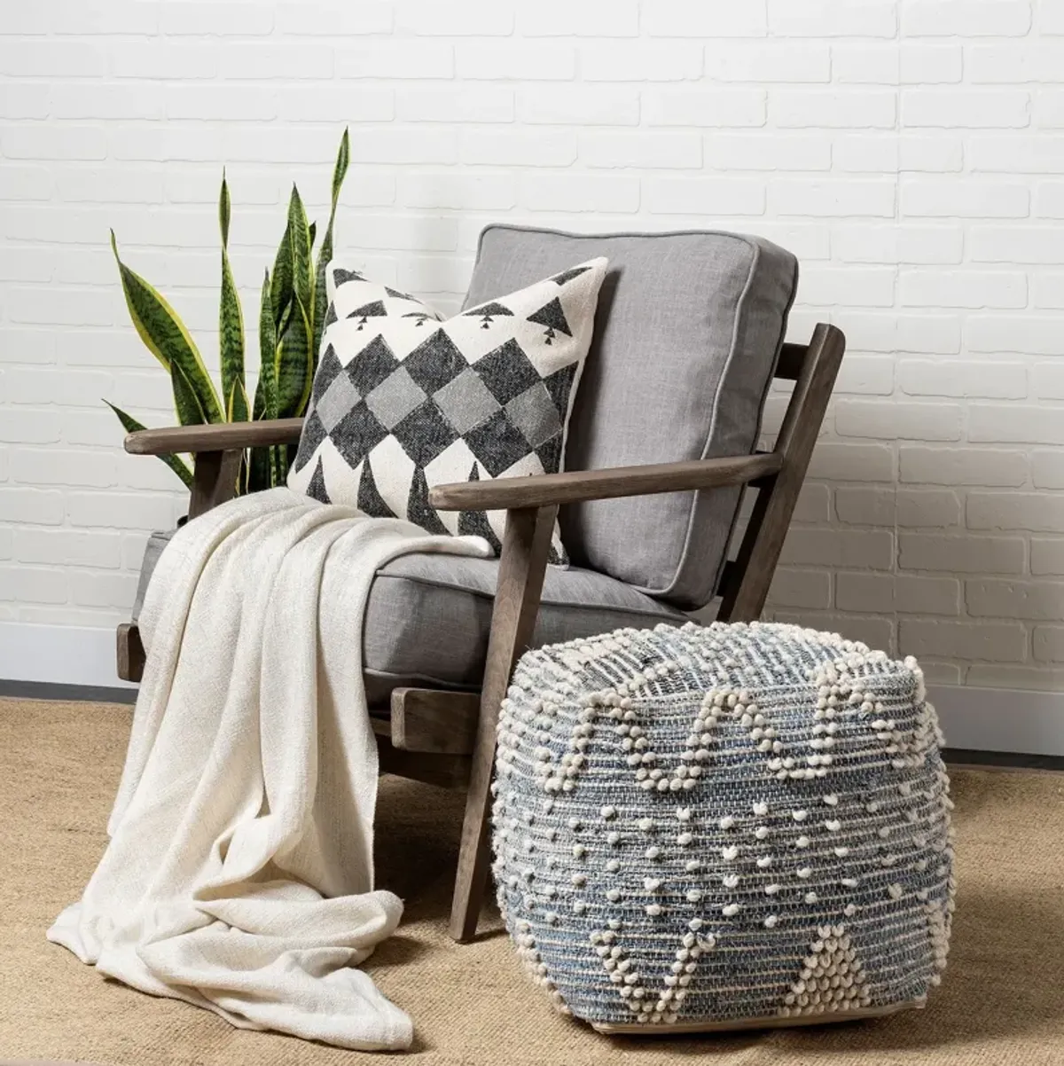 Square Pouf With Cotton Stitched - Blue Denim / Ivory