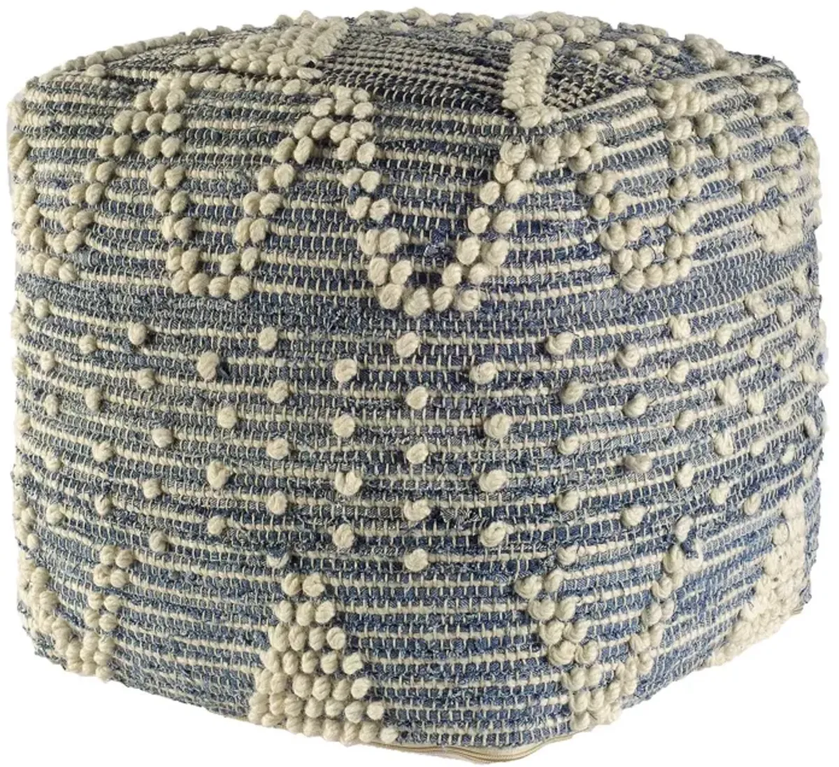 Square Pouf With Cotton Stitched - Blue Denim / Ivory