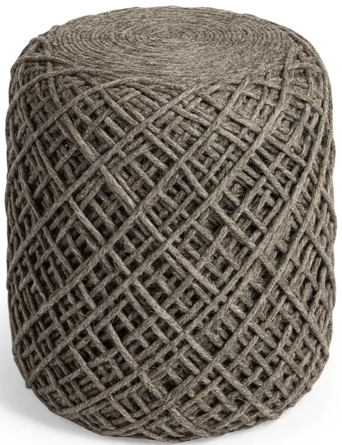 Wool Cylindrical Pouf With Diamond Pattern - Brown