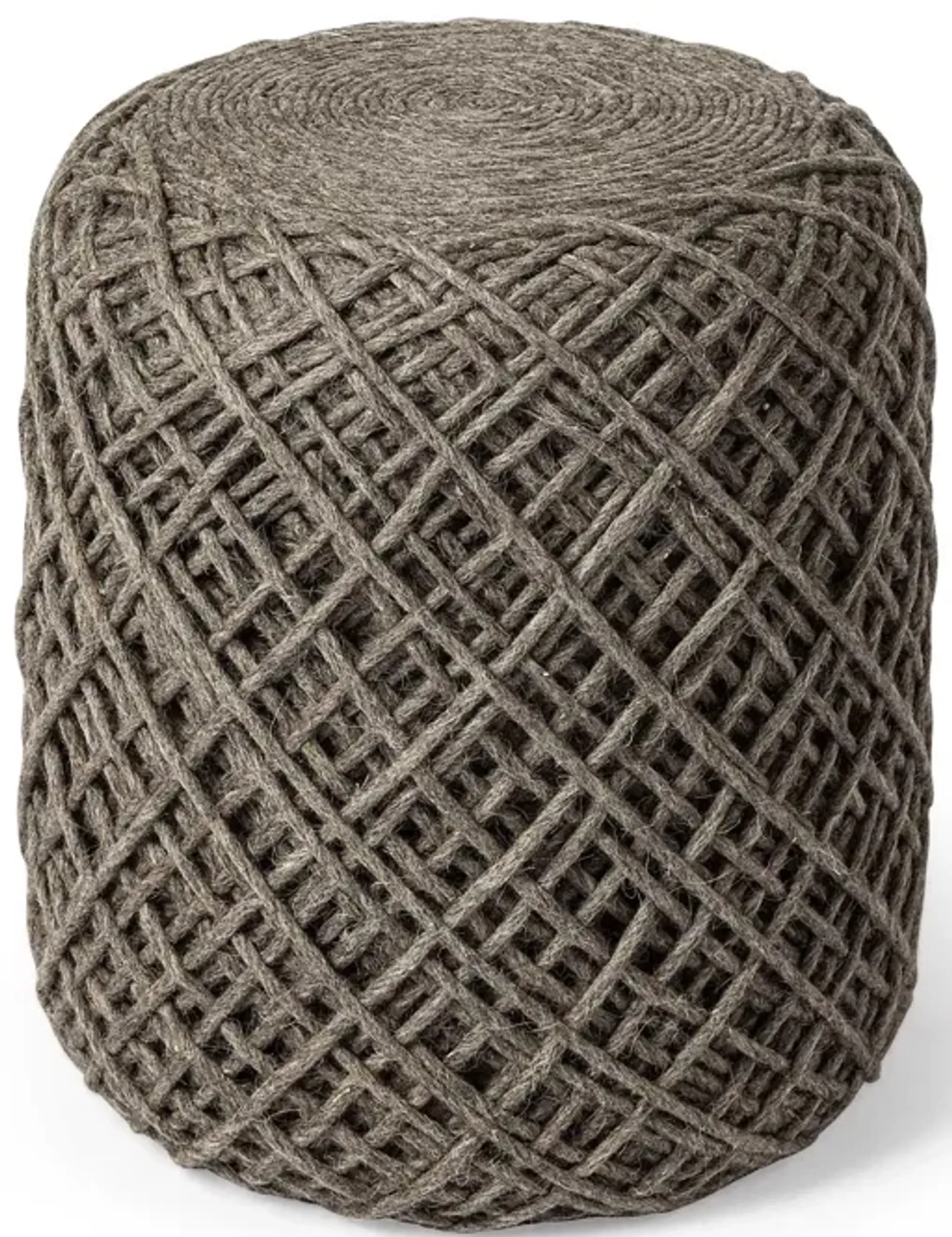 Wool Cylindrical Pouf With Diamond Pattern - Brown