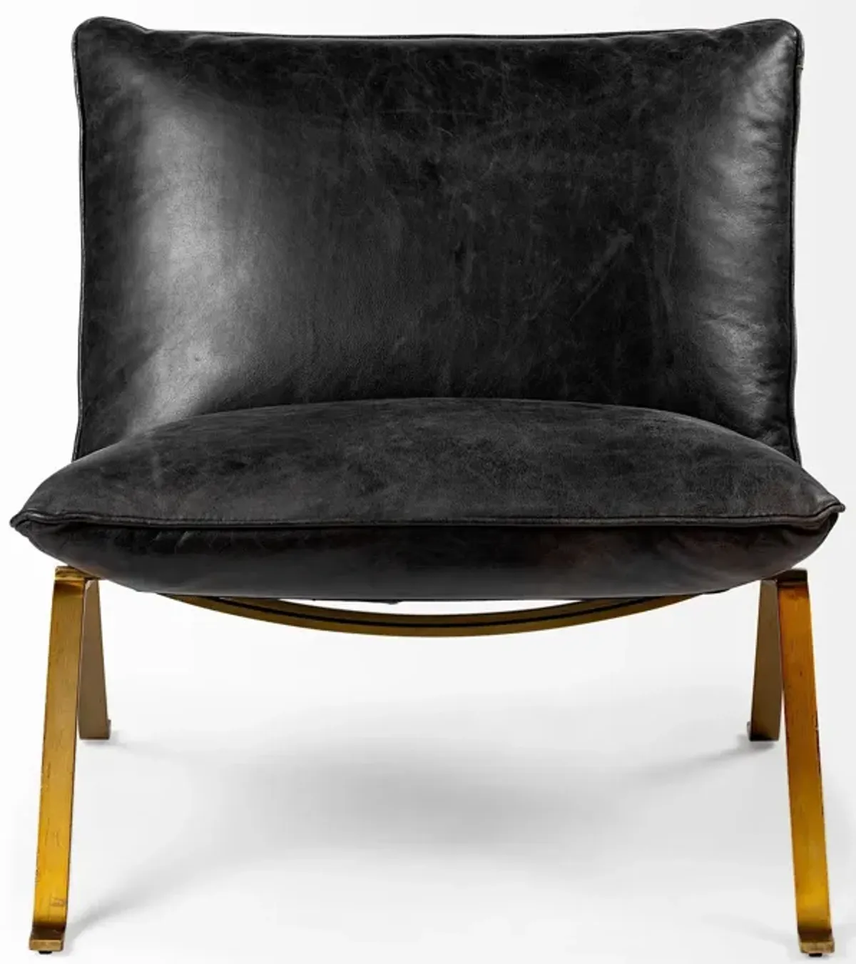 Top Grain Leather Distressed Slipper Chair - Black / Brass