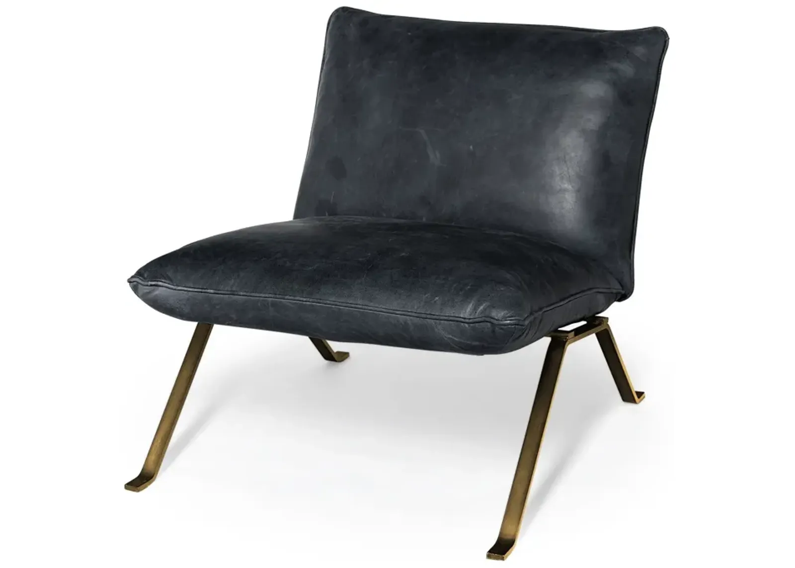 Top Grain Leather Distressed Slipper Chair - Black / Brass